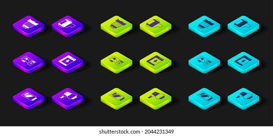 Set Battery for camera, Softbox light, Photo retouching, Camera roll cartridge and photo lens icon. Vector