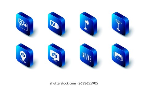 Set Battery for camera, Studio light bulb in softbox, Photo frame, Camera photo lens,  and Action extreme icon. Vector