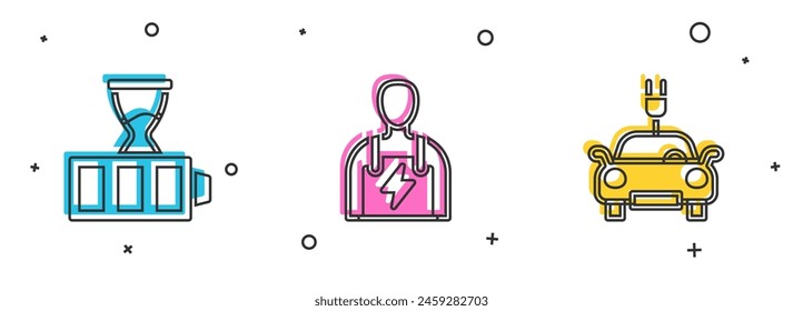 Set Recargo de batería, mecánico de coches e icono de coche eléctrico. Vector
