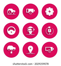 Set Batterieladung, Ladeparkwagen, Niederbatterie, Elektro-, Voltmeter-, Getriebe- und Blitzgerät sowie Service-Icon. Vektorgrafik