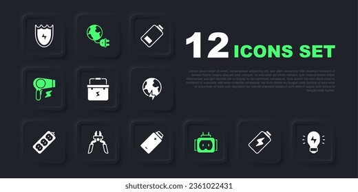 Set Battery Ladung, Creative Lampe Licht Idee, Toolbox Elektriker, Tee-Stecker, Haartrockner, Pliers Tool, Global Energy Planet mit und Icon. Vektorgrafik