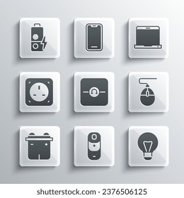 Set Battery charge, Creative lamp light idea, Computer mouse, Ohmmeter, Car battery, Electrical outlet,  and Laptop icon. Vector