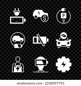Set Battery charge, Electric car price, Charging parking electric, Car mechanic, Gear and lightning,  and Low battery icon. Vector