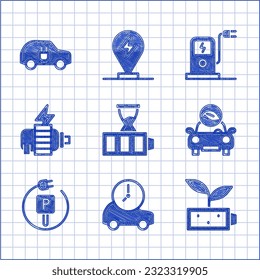 Set Battery charge, Electric car, Eco nature leaf battery, Charging parking electric, motor, charging station and  icon. Vector