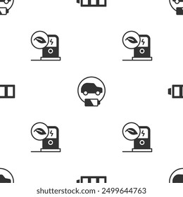 Set Battery charge, Electric car and charging station on seamless pattern. Vector