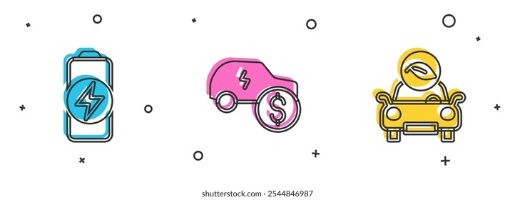 Set Battery charge, Electric car price and Eco icon. Vector