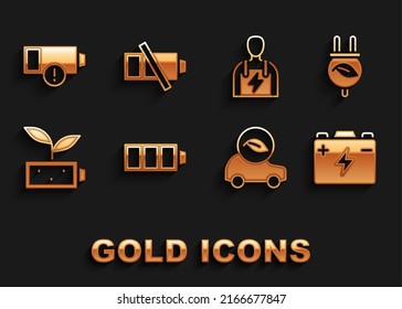 Fijar carga de la batería, enchufe de ahorro eléctrico en hoja, batería de coche, coche ecológico, naturaleza, mecánico, bajo e icono. Vector