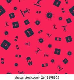 Set Battery charge, Electric tower line, DC voltage source and Solar energy panel on seamless pattern. Vector