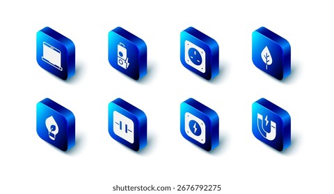 Conjunto Recargo de la batería, toma de corriente eléctrica, hoja Eco símbolo, imán, relámpago, condensador electrolítico, bombilla con hoja y el icono del ordenador portátil. Vector