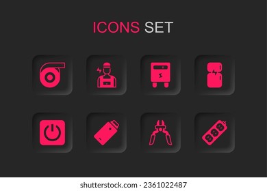 Set Battery charge, Electrician, Roll adhesive tape, Pliers tool, Refrigerator, extension, meter and Power button icon. Vector