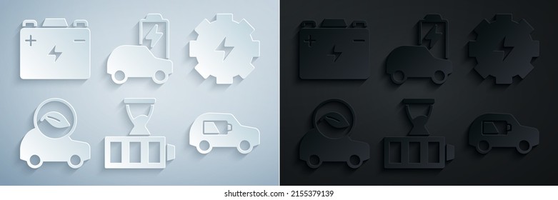 Configure la carga de la batería, el encendido y el relámpago, el coche ecológico, el eléctrico y el icono de la batería del coche. Vector