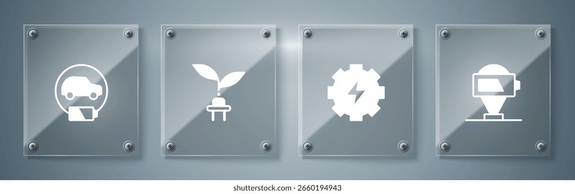 Set Battery charge, Gear and lightning, Electric saving plug leaf and car. Square glass panels. Vector