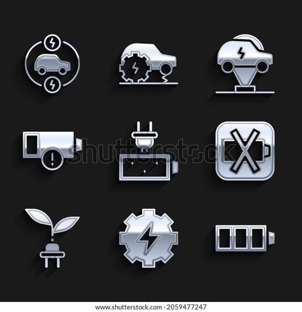 Set Battery charge, Gear\
and lightning, Low battery, Electric saving plug leaf, car and \
icon. Vector