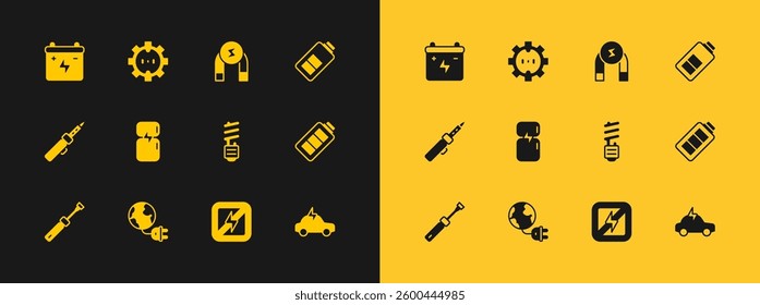 Set Battery charge, Global energy planet with plug, LED light bulb, No lightning, Refrigerator, Magnet, Car battery and Electrical outlet icon. Vector