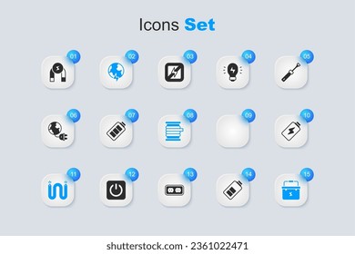 Set Battery charge, Global planet with thunderbolt, Electric cable, Toolbox electrician, Magnet and Wire on reel icon. Vector