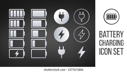 Set of battery charge indicator icons. Vector illustration isolated on black background.