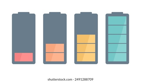 Set of battery charge indicator icons, isolated on a white background. Flat vector illustration