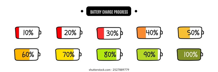 set of battery charge indicator progress with hand drawn concept. vector