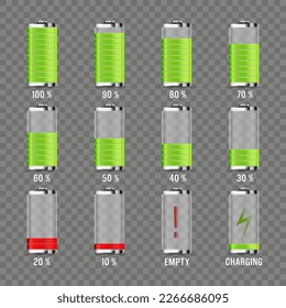 Conjunto de batería de alimentación de vidrio realista. Carga, descarga y energía de varios niveles. Ilustración vectorial de la batería en fondo transparente