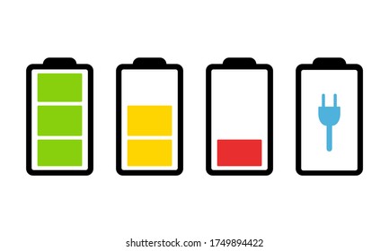 Set of Battery charge indicators. Batteries isolated on a white background. Accumulator. Energy level. Vector illustration.