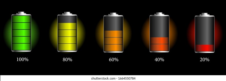 Set Of Battery Charge Indicators With Low And High Energy Levels. Battery Charge Full Power Energy Level. Recharge Battery Indicator.