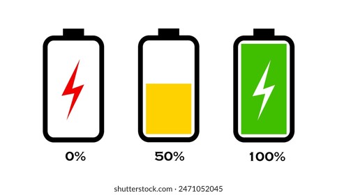 Set of battery charge indicators with low, average and high energy levels isolated on white background.