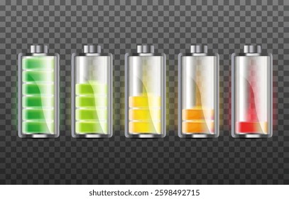 set of battery charge indicators with low and high energy levels isolated on background