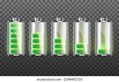 set of battery charge indicators with low and high energy levels isolated on background