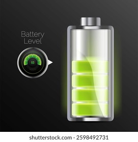 set of battery charge indicators with low and high energy levels isolated on background