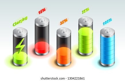 Set of battery charge isometric icon, accumulator indicator, from full charge to discharged, isometric battery vector illustration