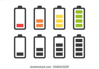 Set of battery charge level icon vecor illustration. Low and fully charge