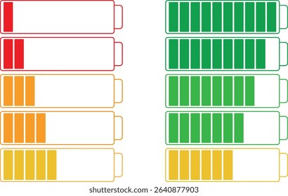 A set of battery charge level icons, illustrating varying levels of power from empty to full