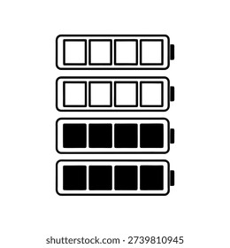 Set of battery charge level icons in outline and solid style isolated on white background. This modern minimalist vector illustration features different battery status indicators including empty, low, medium, and full charge levels. The clean black and white design ensures high visibility and usability for mobile apps, websites, UI,UX interfaces, presentations, infographics, and technology-related projects.

The icon collection represents power, energy level, charging status, electricity, and device performance concepts. Perfect for app design, web dashboards, device interface elements, smart technology graphics, digital templates, and corporate presentations. The simple monochrome style allows easy customization and seamless integration into both light and dark themes.

Ideal for smartphone apps, laptop indicators, battery monitoring systems, energy-saving concepts, and tech branding materials.