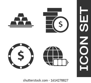 Set Battery charge level indicator with earth globe, Gold bars, Coin money with dollar symbol and Coin money with dollar symbol icon. Vector