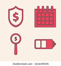 Set Battery charge level indicator, Shield with dollar symbol, Calendar and Magnifying glass and dollar symbol icon. Vector