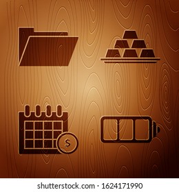 Set Battery charge level indicator, Document folder, Financial calendar and Gold bars on wooden background. Vector
