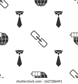 Set Battery charge level indicator with earth globe, Chain link and Tie on seamless pattern. Vector