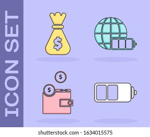 Set Battery charge level indicator, Money bag, Wallet with coins and Battery charge level indicator with earth globe icon. Vector