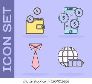 Set Battery charge level indicator with earth globe, Wallet with coins, Tie and Smartphone with dollar symbol icon. Vector