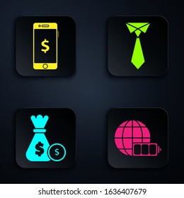 Set Battery charge level indicator with earth globe, Smartphone with dollar symbol, Money bag and coin and Tie. Black square button. Vector