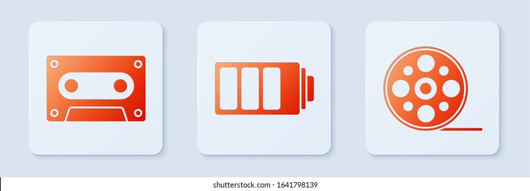 Set Battery charge level indicator, Retro audio cassette tape and Film reel. White square button. Vector
