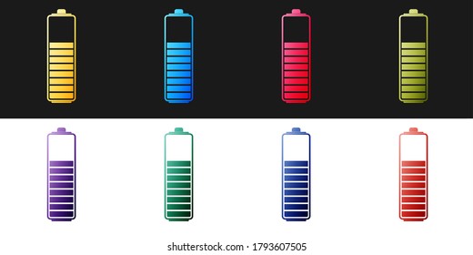 Set Battery charge level indicator icon isolated on black and white background. Vector.