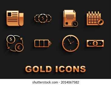 Set Battery charge level indicator, Calendar, Stacks paper money cash, Clock, Money exchange, Finance document, File and Coin with dollar symbol icon. Vector