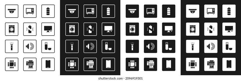 Set Battery charge level indicator, Broken battery, Washer, Motion sensor, Smart Tv, Microwave oven, USB flash drive and Flashlight icon. Vector