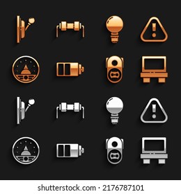 Set Battery charge level indicator, Fuse, Electrical outlet, Ampere meter, multimeter, voltmeter, Light bulb with concept of idea, panel and Resistor electricity icon. Vector