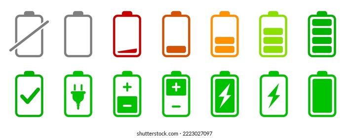 Set Set Set Set Set mit Leuchtenanzeige-Icons, Levelbatterie-Energiespeicher, Entladungs- und voll aufgeladene Akkuladezeichen - Stockvektorvektor