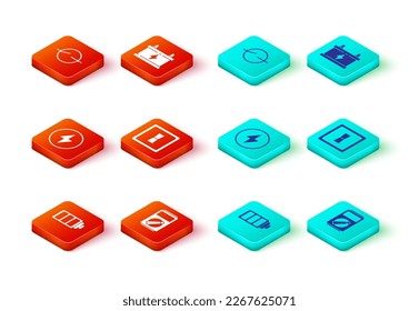 Set Battery charge level indicator, Multimeter, Lightning bolt, Electric light switch, Car battery and circuit scheme icon. Vector