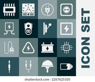 Set Battery charge level indicator, Processor with microcircuits CPU, Lightning bolt, Electric plug, Electrical outlet, transformer,  and panel icon. Vector