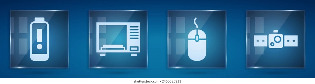 Set Battery charge level indicator, Microwave oven, Computer mouse and Smartwatch. Square glass panels. Vector