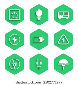 Set Battery charge level indicator, Audio jack, Light emitting diode, High voltage, Electric plug, Lightning bolt, Electrical measuring instruments and light switch icon. Vector